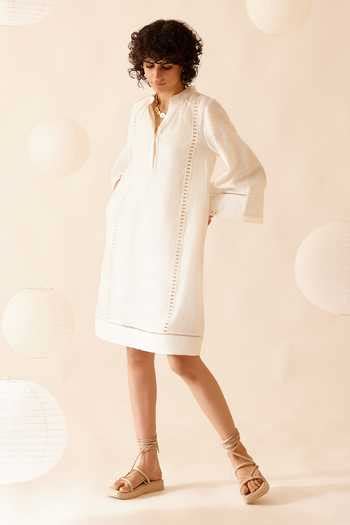 Buy Ivory Chanderi Lace Band Collar Isa Detailed Short Dress For Women ...