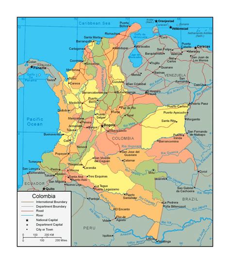 Political and administrative map of Colombia with roads and major ...