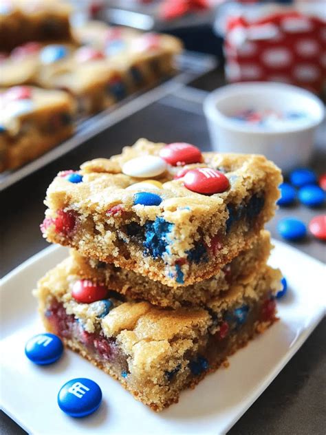 Easy Patriotic Red White & Blue M&M Cookie Bars Recipe