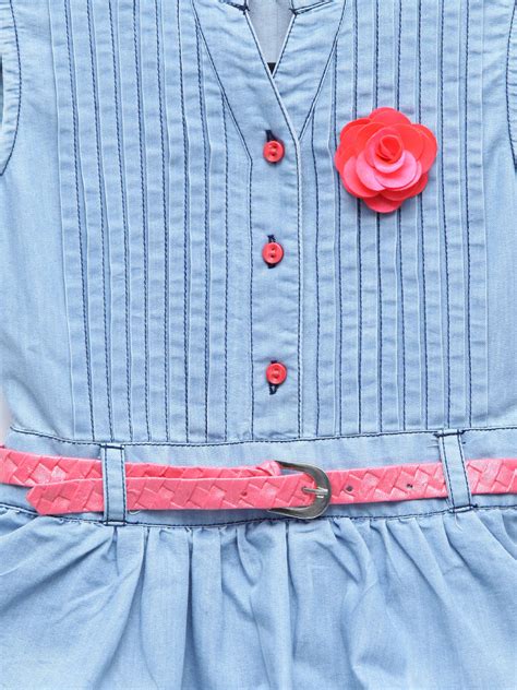 Girls Light Blue Denim Tiered Rose Patch Dress with Belt – Stylestone