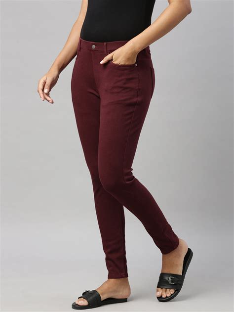 Maroon Cotton Poly Stretch Stripes Printed Jeggings – Go Colors India