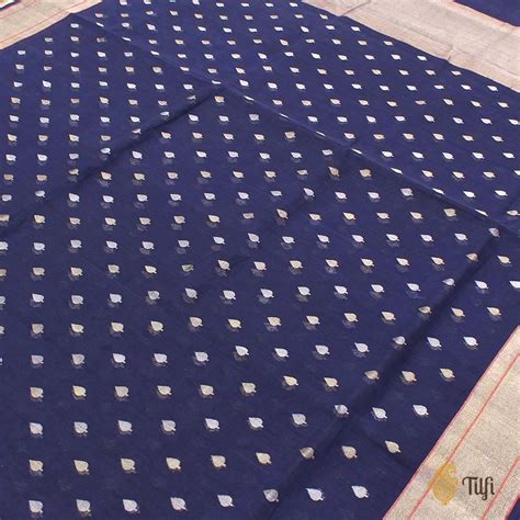 Navy Blue Pure Cotton Real Zari Banarasi Handloom Saree - Tilfi