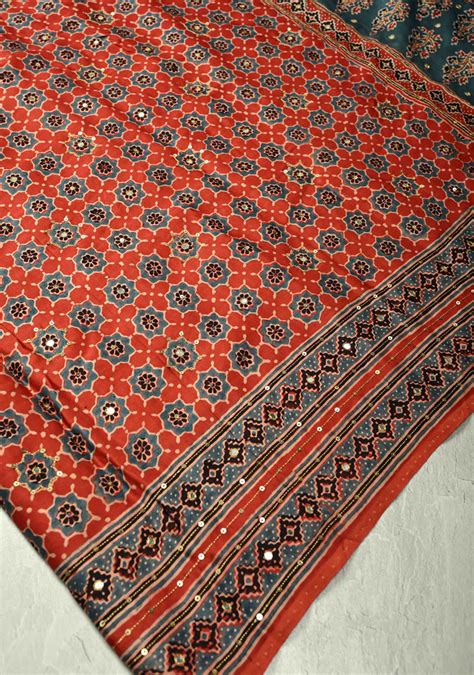 Red Ajrakh Hand Block Print on Modal Silk Saree with Aari-Mirror Work ...