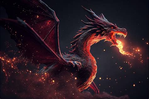 Illustration of a mysterious fire dragon on black background ai ...