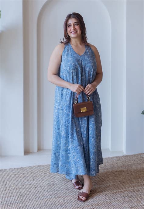 Indian Ethnic Women's Naimat Blue Ajrakh Cotton A Line Dress – THE ...