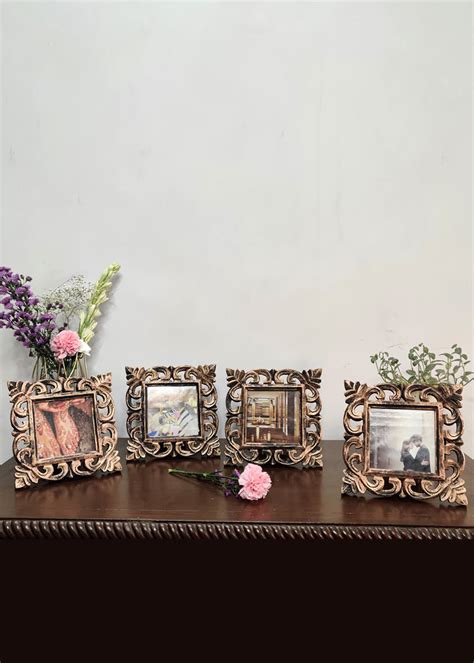 Get Set of 4 Table Top Wooden Carved Photo Frame in Gold Color (Photo ...