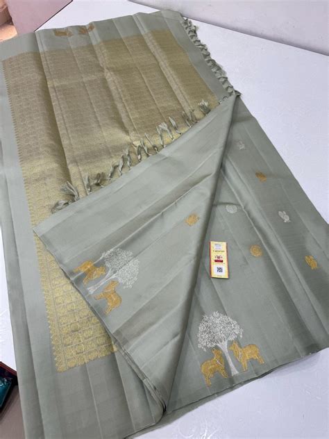 Grey Handloom Kanchipuram Silk Saree with Pichwai Zari Design