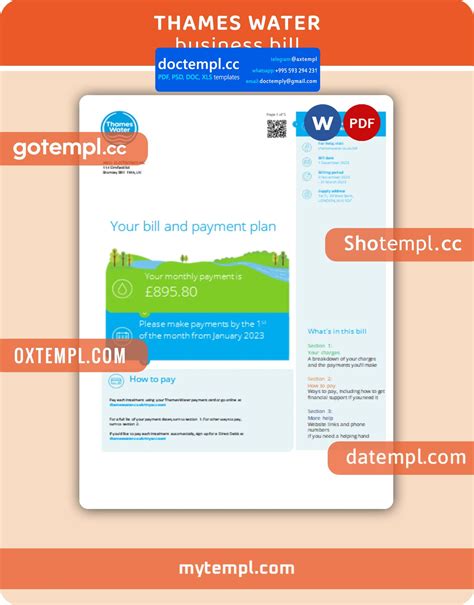Thames Water business utility bill, Word and PDF template, 2 pages