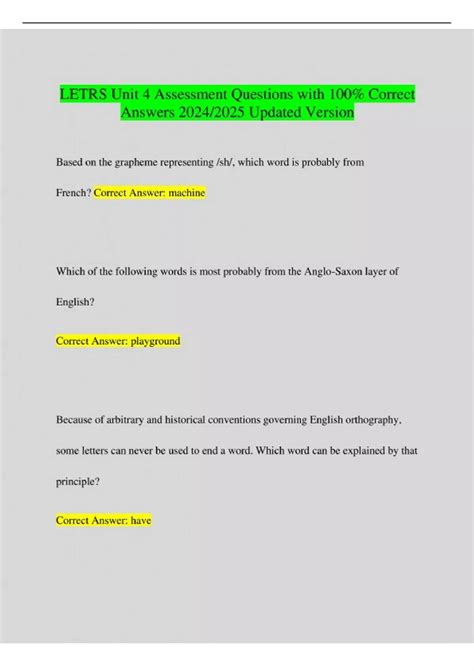 LETRS Unit 4 Assessment Questions with 100% Correct Answers 2024/2025 ...