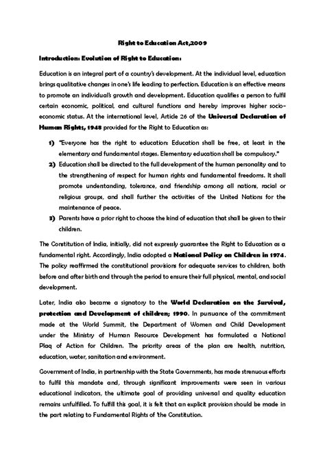 Education is an integral part of a country - Right to Education Act ...