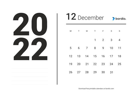 December 2022 Printable Calendar Blank Templates in PDF - Bordio