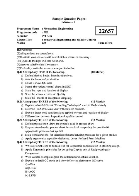 22657 - Model Answers for Industrial Engineering & Quality Control Exam ...