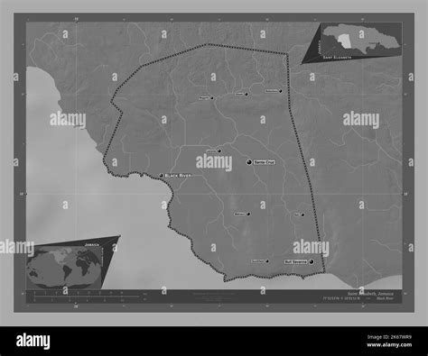 Saint Elizabeth, parish of Jamaica. Bilevel elevation map with lakes ...