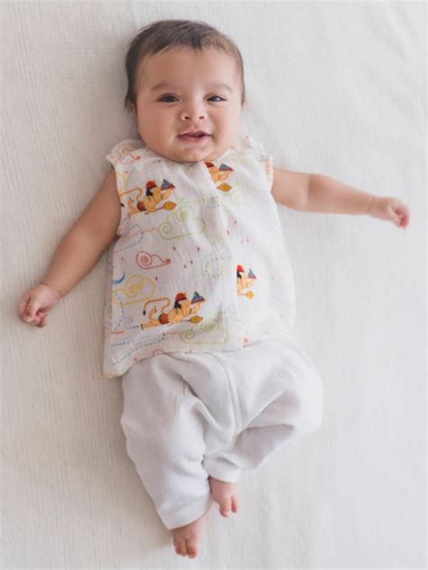 White Printed Cotton Jhabla with Pants- Set of 3