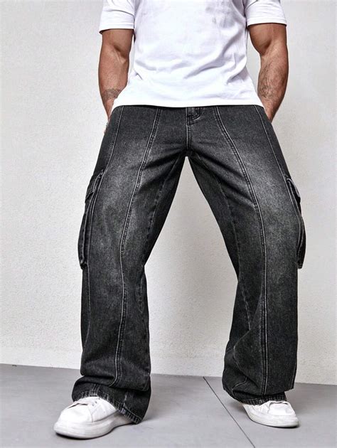 Manfinity EMRG Jeans De Perna Larga Solta Para Homens Com Bolsos ...