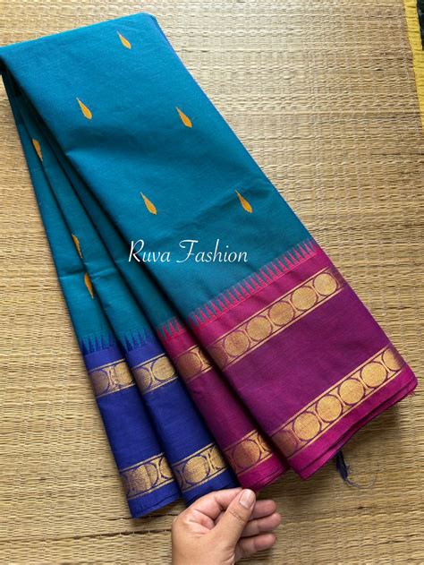 Peacock Blue Shade Kanchi Cotton Saree With Ganga Jamuna Border & Hand ...