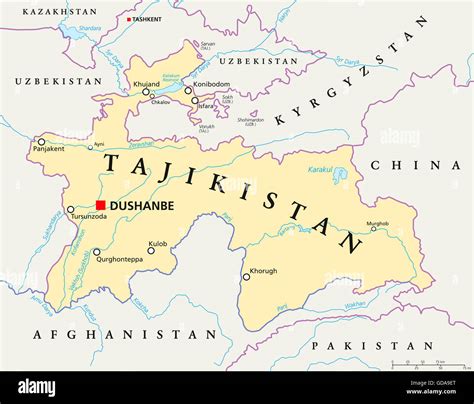 Tajikistan political map with capital Dushanbe, national borders, important cities, rivers and ...