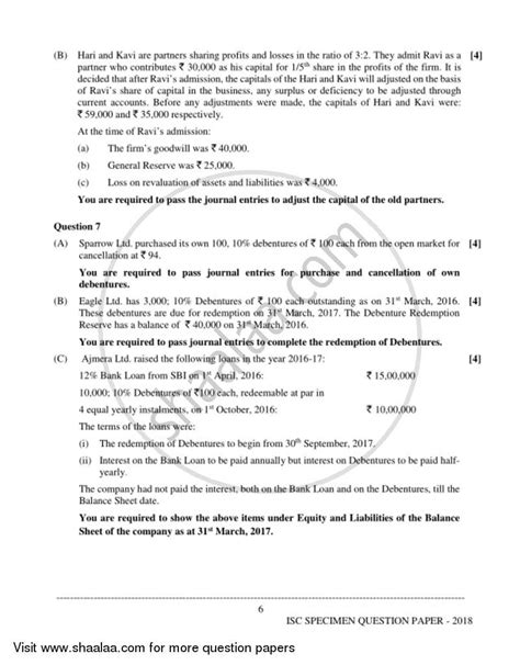 Accounts 2017-2018 (Science) ISC Class 12 Set 1 question paper with PDF ...