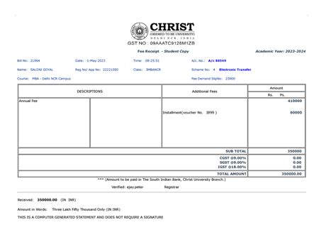 Fee Receipt 2023 - importaant document - CGST @9% SGST @9% IGST @18% 0 ...