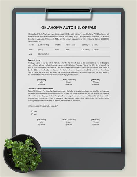 Oklahoma Auto Bill of Sale Template in PDF, Word, Google Docs ...