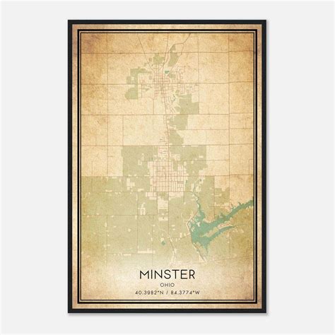 Vintage Minster Ohio Map Poster, Minster OH City Road Wall Art Print - Custom Maps & Posters