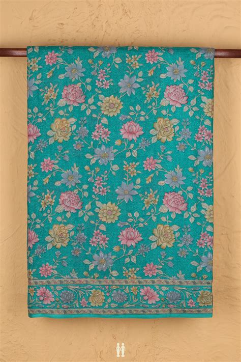 Printed Silk Saree In Green With Floral Design