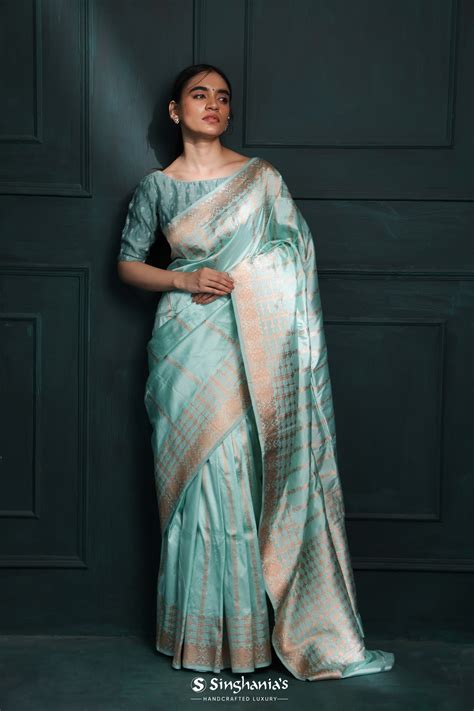 Light Turquoise Blue Banarasi Silk Saree Floral Stripes – Singhania's