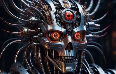 Download wallpaper skull, robot, 3D graphics, section ai art in ...