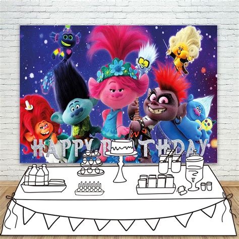 Buy YouRan Trolls Happy Birthday Backdrop 5x3ft Pink Poppy Rocker Queen ...