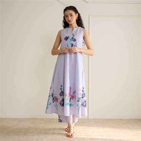 Buy Aviva Patchwork Cotton Kurta Set with Mulmul Slip - Lavender ...