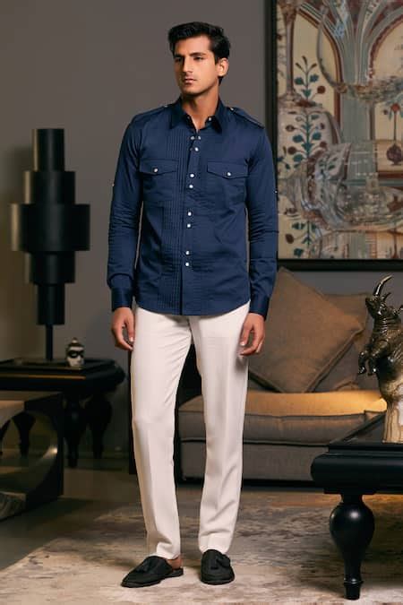 Buy Blue Cotton Satin Solid Plain Military Shirt For Men by Siddartha ...