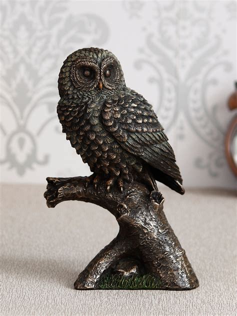 Carved Owl Sitting on Branch Cold Cast Bronze Resin Decorative Bird ...
