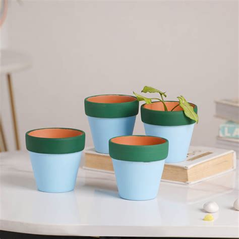 Green Rim Sky Blue Mini Pot Set Of 4 Online - Premium Planter | Nestasia