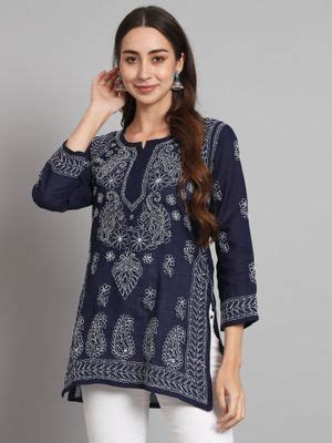 Buy PARAMOUNT CHIKAN Women's Navy Blue Hand Embroidered Lucknowi ...