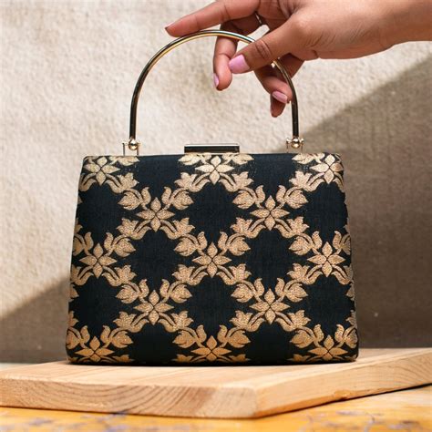 Black And Golden Brocade Fabric Clutch - Artklim