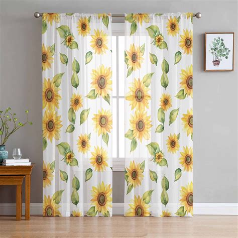 Summer Sunflowers Semi Sheer Curtains 63 Inch Length 2 Panels Set ...