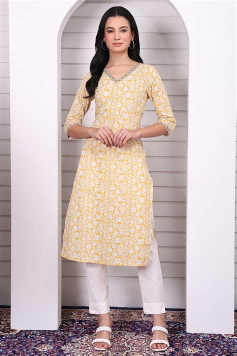 Buy Yellow Floral Printed Cotton Lurex Straight Kurta with Lace Online ...