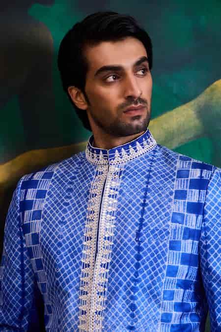 Buy Blue Silk, Satin Beads, Embroidery Shibori Tie-dyed Sherwani Set ...