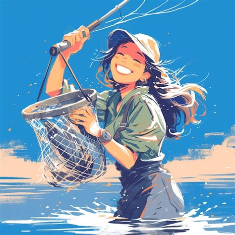 太平洋の島民40代の女性が網で釣りをしています | Premium AI生成ベクトル画像