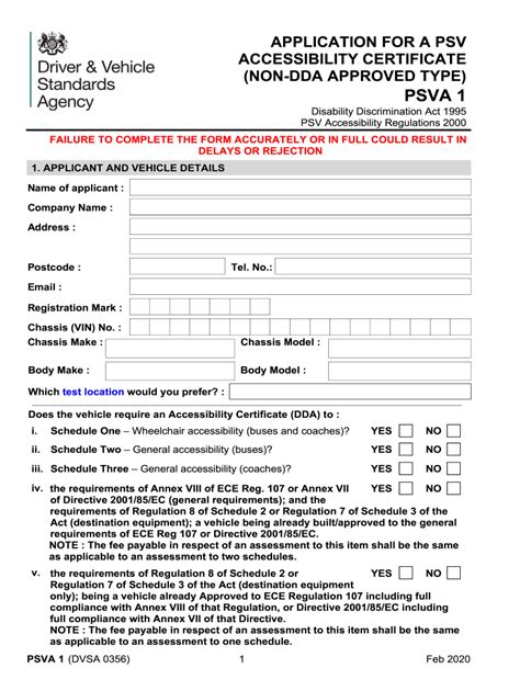 Fillable Online APPLICATION FOR A PSV ACCESSIBILITY CERTIFICATE (NON ...