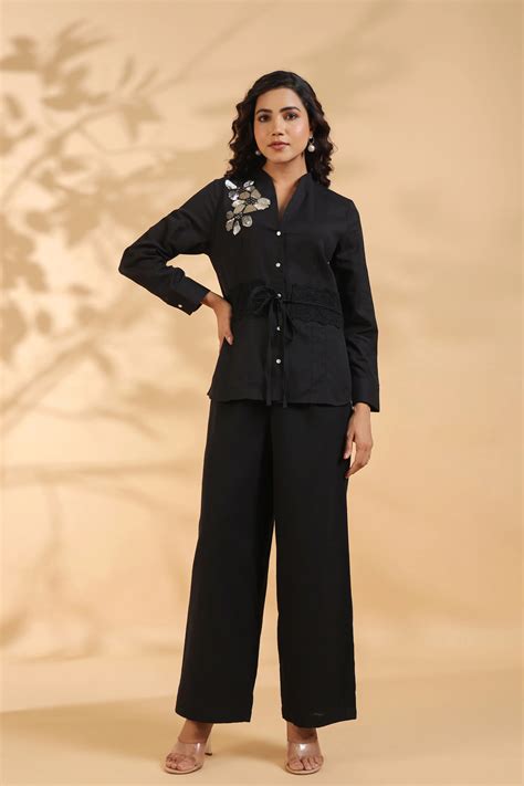 Black Beaded Flower Motif Tie Sequence Cotton Flex Co-ord Set – Kaftanize