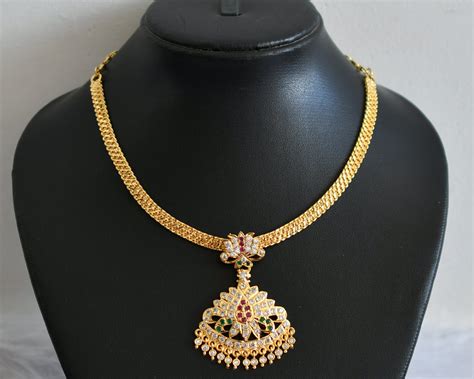 Gold tone south indian style AD pink-green-white lotus attigai/necklac ...
