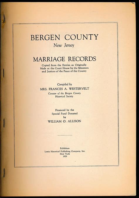 Bergen County New Jersey Marriage Records by Westervelt, Mrs. Frances A ...