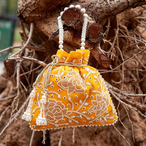 Cotton Velvet Womens Yellow White Floral Potli