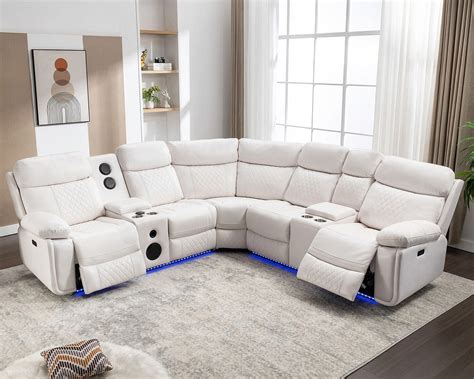 Comfort Stretch 5 Seats Power Recliner Sofa Sets with Speaker,White ...