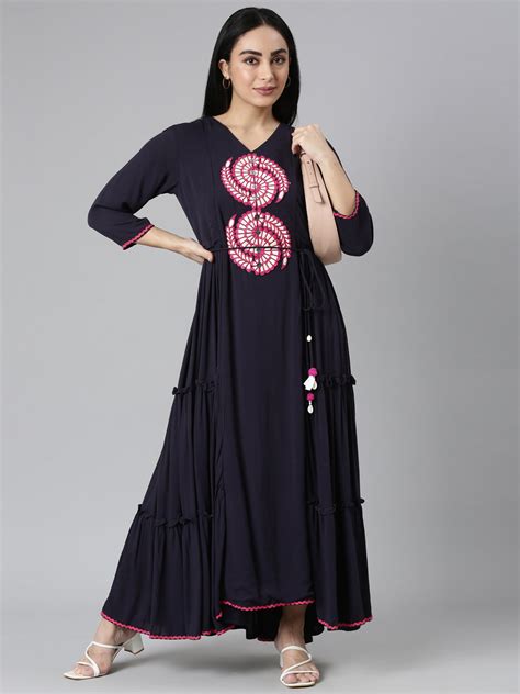 Neerus Navy Blue Flared Casual Solid Maxi Dresses – Neerus India