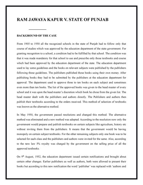 Ram jawaya kapur case - RAM JAWAYA KAPUR V. STATE OF PUNJAB BACKGROUND ...