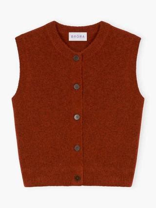 Brora Wool Blend Round Neck Button Up Waistcoat, Copper