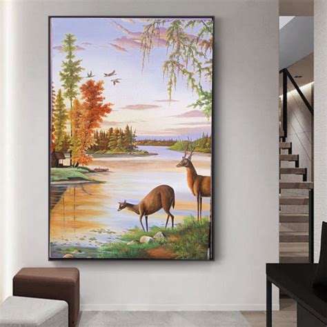 Jual lukisan tangan pemandangan danau rusa dekorasi dinding rumah ...
