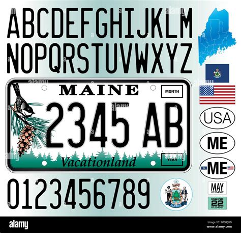 Maine car license plate pattern, letters, numbers and symbols, vector ...